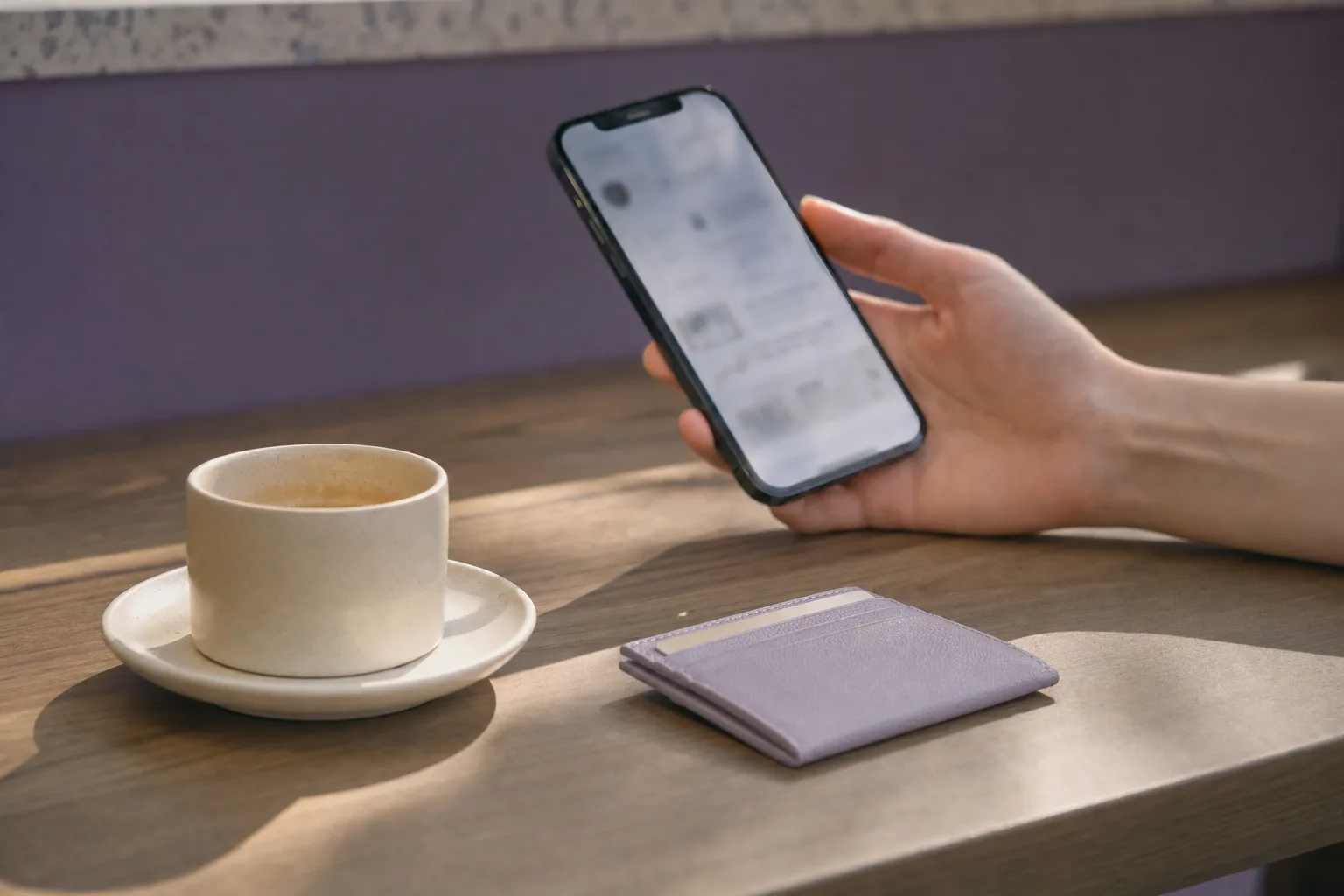 Escena ilustrativa de una mano con un teléfono en la barra de un café