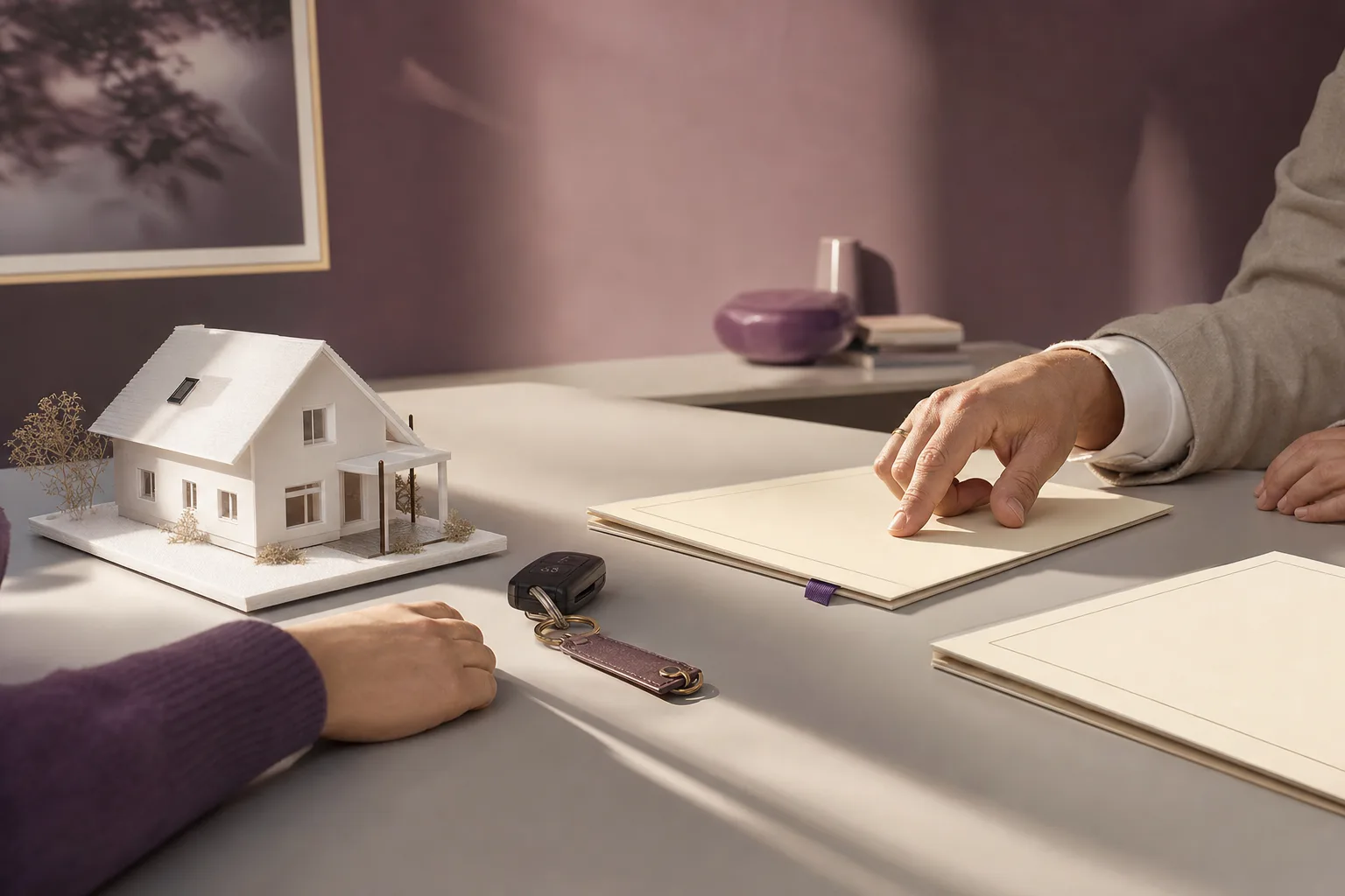 Escena ilustrativa de una reunión con un asesor de seguros, una maqueta de casa y carpetas de pólizas