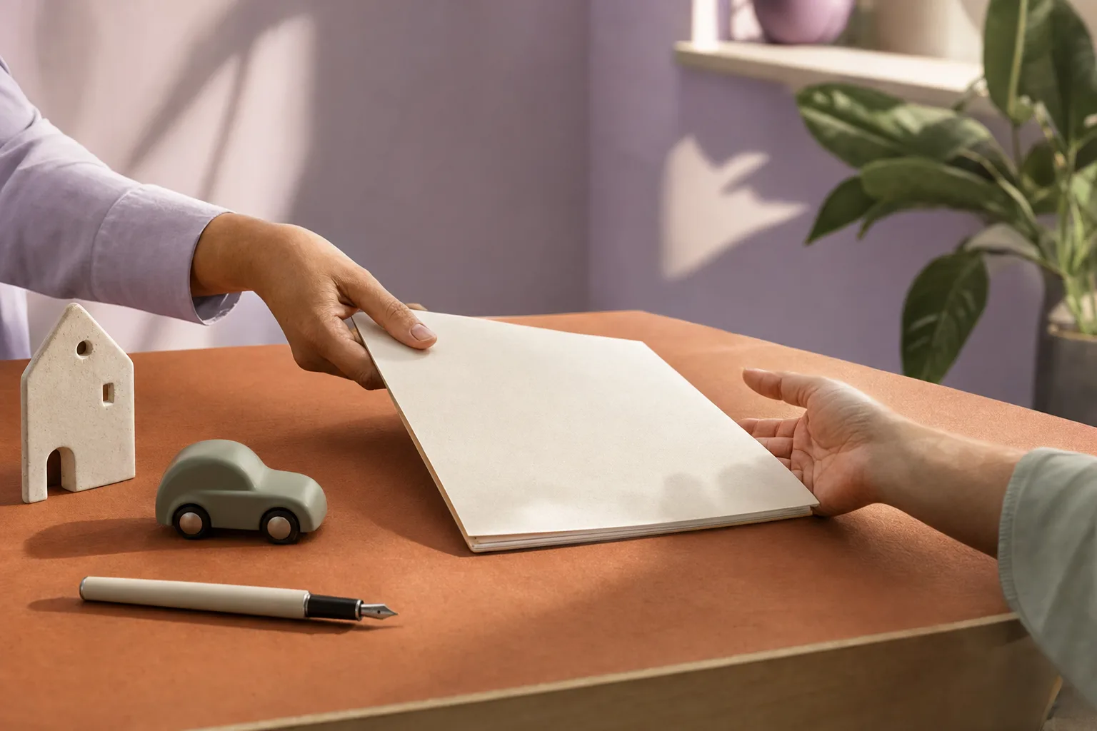 Escena ilustrativa de una carpeta que pasa de una mano a otra junto a una casa y un auto en miniatura