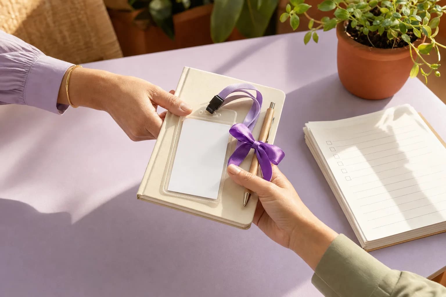 Escena ilustrativa de una mano que entrega un kit de bienvenida con libreta y credencial en blanco